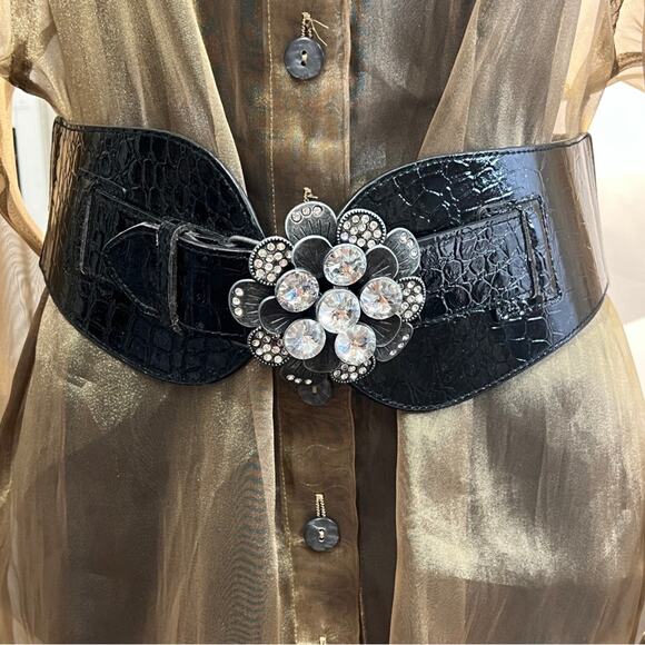 VINTAGE Black faux croc belt with giant rhinestones stretch back 42x3”/SZ 2X main image 12